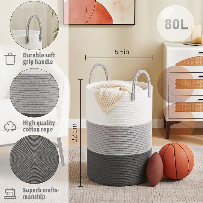 Artfeel Laundry Basket,Woven Cotton Rope Laundry Hamper,80L for Decorative Storage of Dirty Clothes,Toys and Blankets in Bathroom,Bedroom and Living Room - Image 6