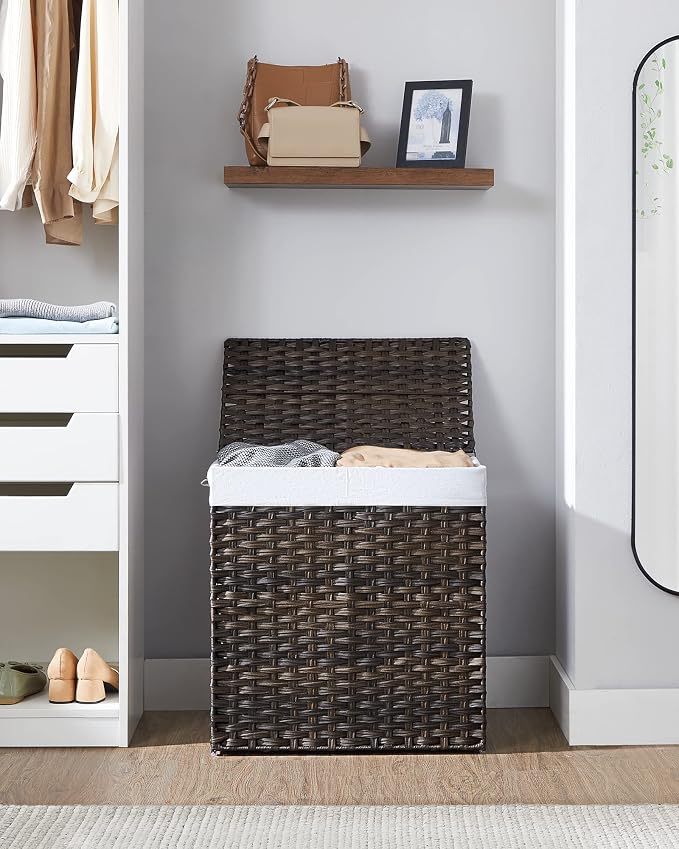 SONGMICS Laundry Hamper with Lid, 110L Double Wicker Basket, 6 Mesh Bags - Image 9