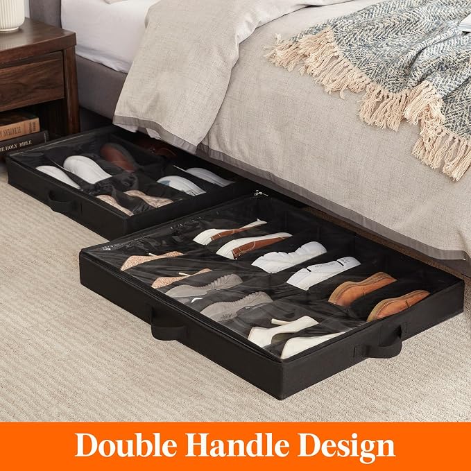 Lifewit Under Bed Shoe Storage Organizer 1 Pack(12 Shoes Cells+4 Boots Cells), 4.3 Inches Profile Fabric Shoes Container Box with Clear Cover, Foldable Storage Bag with 2 Handles, Fits 10 to 16 Pairs - Image 6