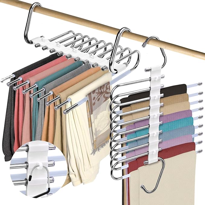 2Pack 9 Layers Foldable Pants Hangers Space Saving Trouser Hanger Multifunctional Trouser Rack Hanger Hanging Hole for Wardrobe Trousers Scarf Jeans (White) by trrcylp