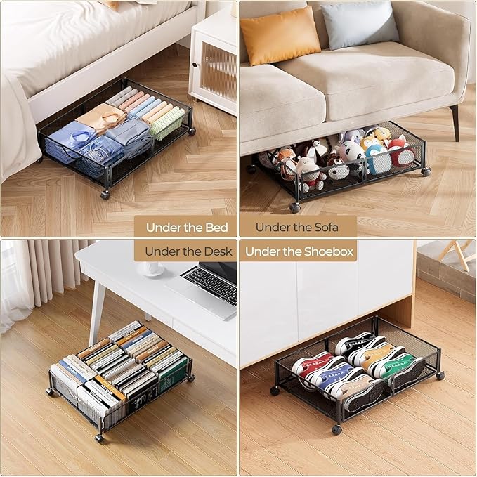 Yecaye Under Bed Storage with Wheels, 2 Pack Under Bed Shoe Storage, Black | Sturdy All-Metal Frame, Foldable, 360° Rolling Wheels, Tool-free Assembly, Underbed Storage Drawers for Shoes, Toys, Clothes - Image 5