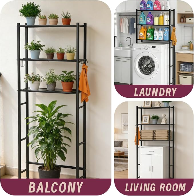 3-Tier Over The Toilet Storage Cabinet with Paper Holder and 4 Hooks, Metal Over Toilet Bathroom Organizer and Storage Shelf, Bathroom Shelves for Living Room/Laundry/Balcony(Black) - Image 7