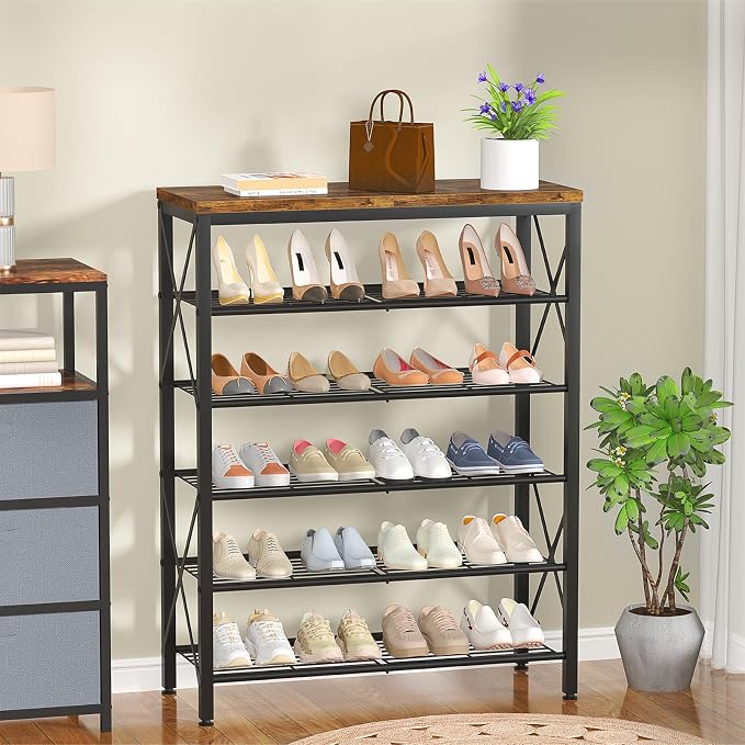 6-Tier Shoe Rack Organizer, Large Capacity Shoe Shelf with Metal Shelves, Holds up to 24 Pairs of Shoes, Shoe Storage for Entryway Closet Bedroom, Rustic Brown - Image 7