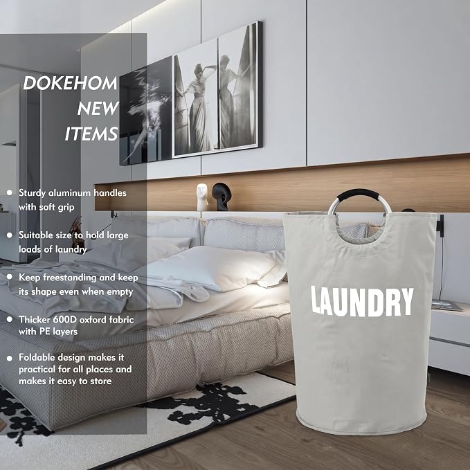 DOKEHOM 160L XX-Large Laundry Basket Bag, Collapsible Tall Hamper, Grey - Image 2