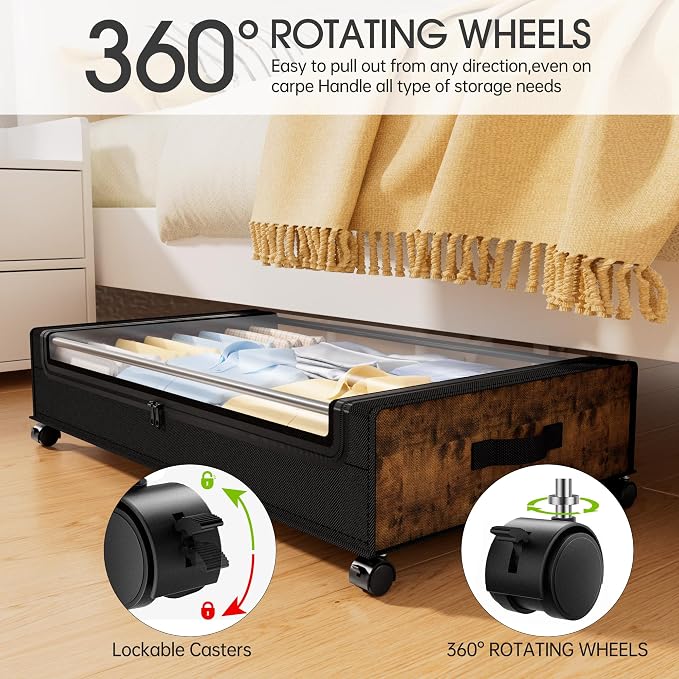 Yecaye Under Bed Storage with Wheels, 2Pack Under Bed Storage Containers, Underbed Shoe Storage Organizer, Rolling Under Bed Metal Drawers for Clothes, Blankets, Brown - Image 3