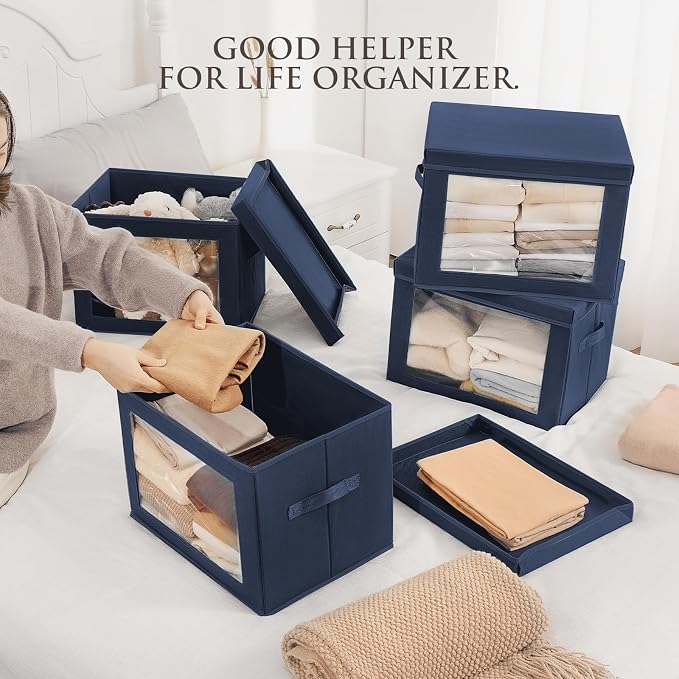 Homsorout Stackable Storage Bins with Lids - Large Storage Box with Lids, Foldable Closet Boxes for Organizing, Wardrobe Clothes Organizer with Window, Cubes Bins for Living Room, 4 Pack, Navy Blue - Image 3