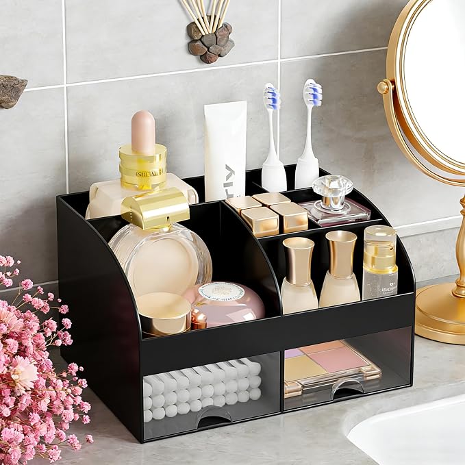 Makeup Organizer with 2 Drawers, Cosmetic Storage for Dresser Vanity and Bathroom Countertop,Make up organization and Skincare Storage with Beauty Brush Holder, Cosmetic Display Case 2Pcs Black - Image 6
