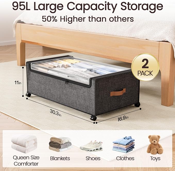 Yecaye 95L Under Bed Storage Containers, Fits 11" Under Bed, 2 Pack, Grey | XXL Capacity, 360° Rolling Wheels, Sturdy Metal Frame, Clear Window & Label, Storage Bins for Clothes, Shoes, Blankets - Image 2
