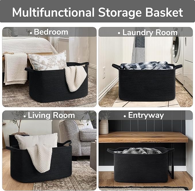 Goodpick Large Woven Rope Blanket Basket, Rectangle, Black, 75L - Image 4