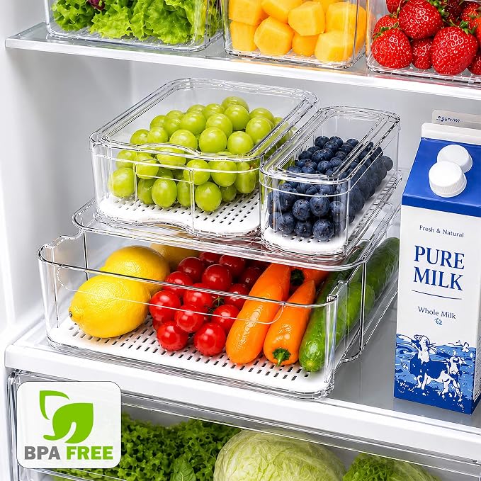 SMRCAD Clear Fridge Bins with Drain Trays - BPA-Free PET, Stackable(8 Pack) - Image 5