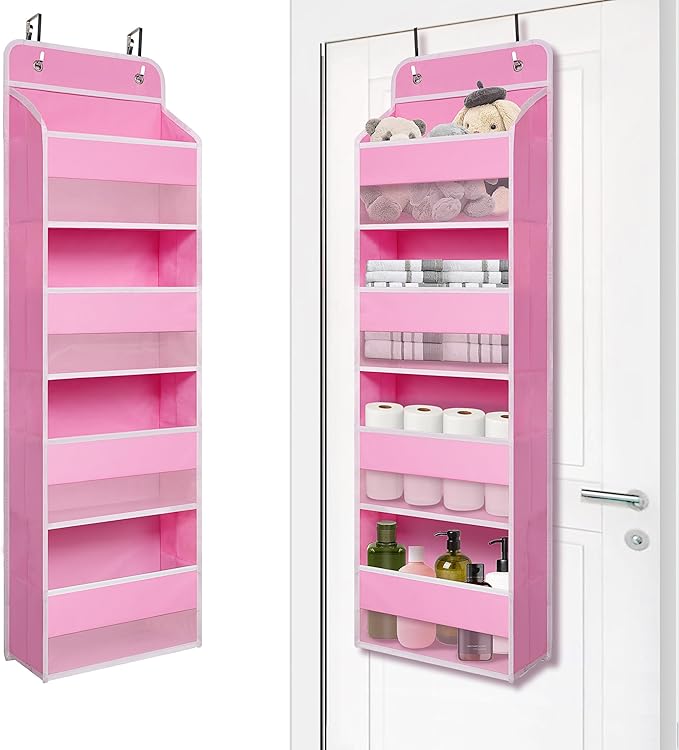 Giraffe Creation Compact Pink Over Door Organizer with 4 Large Clear Pockets, Compact Hanging Door Storage for Nursery, Bedroom, Bathroom, Closet, Baby Essentials by Giraffe+Creation