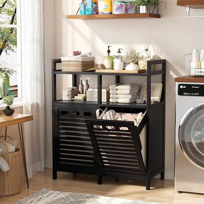 Homykic Tilt Out Laundry Hamper Cabinet, Bamboo Laundry Organizer, Black - Image 3