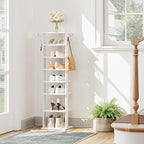HOOBRO 8 Tiers Vertical Shoe Rack, Wooden Shoe Storage Organizer with Hooks, Narrow Shoe Tower for 8 Pairs, Space Saving, for Entryway, Living Room, Bedroom, White WT07XJ01G1 - Image 4
