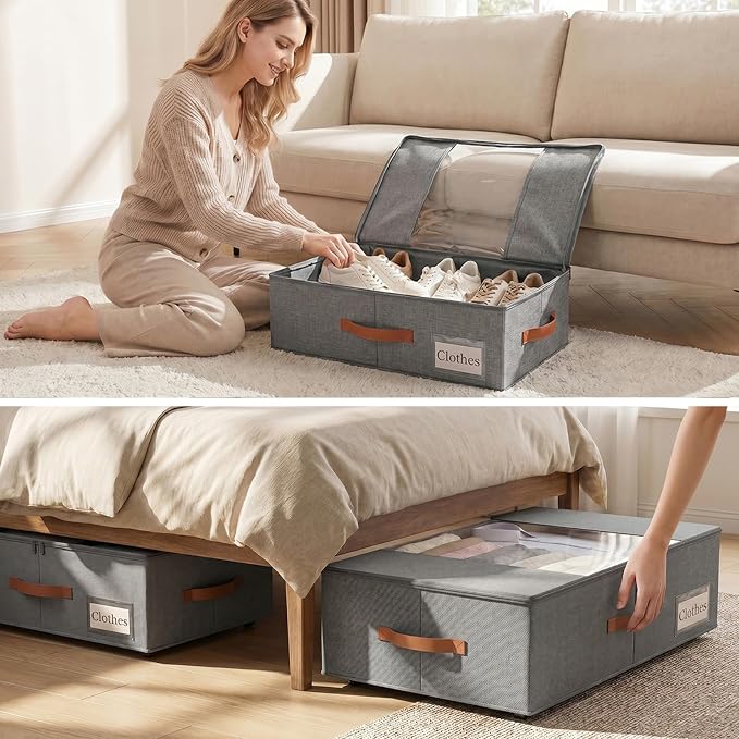 TOSKING 2-Pack Under Bed Storage Bins with Wheels, 4 Vacuum Bags, Heavy Duty 80 lbs, 7.9" Height, 47L Clear Lid Organizer, Space Saver for Dorm Bedroom Clothes Shoes Toys, Quick Assembly, Gray - Image 2