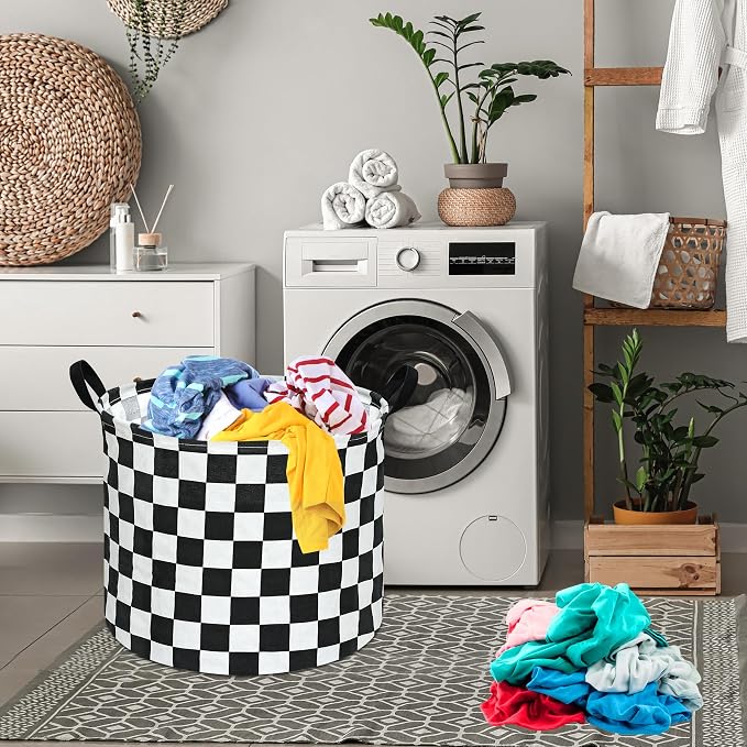 3 Pack Checkered Storage Baskets with Leather Handles, Foldable Fabric Toy Storage Bins with Waterproof Lining, Large Round Laundry Hamper for Kids Room, Nursery, Bedroom, Playroom Organization - Image 7