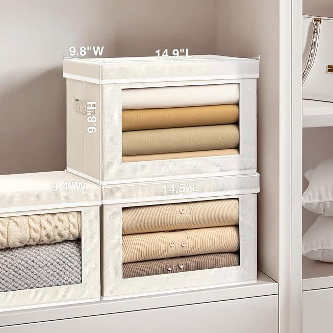 Homsorout Stackable Storage Bins with Lids - Medium Storage Box with Lids, Foldable Closet Boxes for Organizing, Wardrobe Clothes Organizer with Window, Fabric Bins for Living Room, 6 Pack, Beige - Image 4