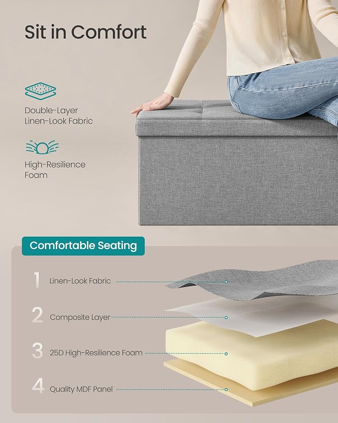 SONGMICS 43.3 Inches Folding Storage Ottoman Bench, Load 660 lb | Ottoman Foot Rest, Storage Chest, for Living Room, Entryway, Dove Gray and Ink Black, MINOTA Collection ULSF77G - Image 6