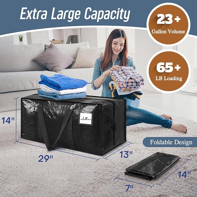6 Pack Extra Heavy Duty Large Moving Bags with Strong Zipper, Black | Comfortable Handles, Sturdy & Durable Clothes Storage Bags Totes Bins, Blue Packing Moving Boxes for College Supplies - Image 3