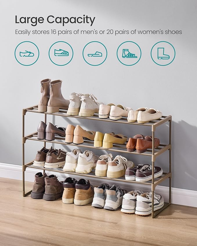 SONGMICS Shoe Rack, 3-Tier Shoe Organizer, Metal Storage Shelf | for Entryway, Upright or Upside Down, for 16-20 Pairs, Stackable, 11.8 x 36.2 x 21.7 Inches, Walnut Brown ULSA303K01 - Image 6