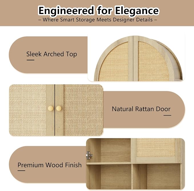 Over The Toilet Storage Cabinet, 29.7”W Modern Storage Cabinet Over Toilet with Rattan Doors, Arched Freestanding Over Toilet Rack with Adjustable Shelf for Bathroom, Nature - Image 6