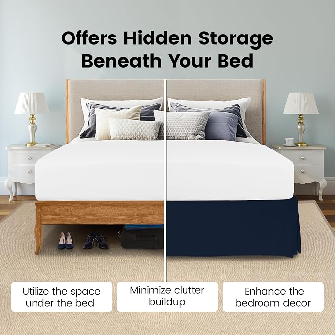 Twin Bed Skirt, Hides Under-Bed Storage 15 Inch Drop, Pleated, Navy - Image 3