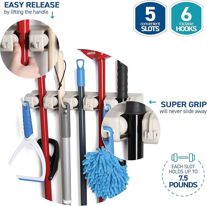 HOME IT Broom and Mop Holder Wall Mount – Heavy Duty Garage Organizer with 5 Slots & 6 Hooks, 7.5lbs Capacity Per Slot - Easy Install Storage Rack for Home, Kitchen, Laundry Room & Garden - Off-White - Image 4