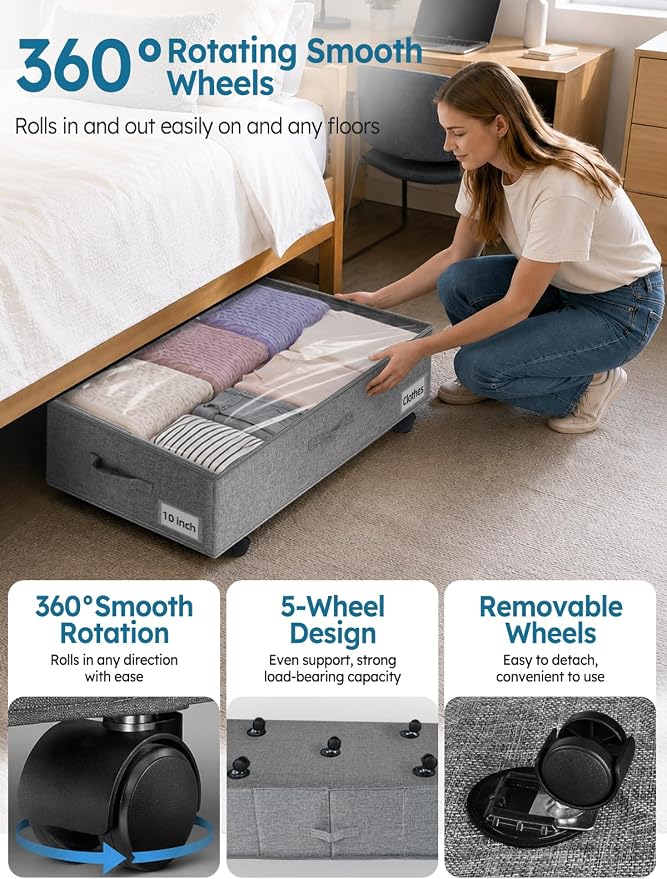 10-in 75L Low Profile Under Bed Storage with Wheels, 2 Pack, Gray | 5 Rotating Wheels, Large Clear lid, Rigid Sides & Bottom, Low Space Storage, Under Bed, Couch, Crib, Dorm Organization - Image 3