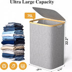Foluck Large Laundry Hamper, 75L Waterproof Laundry Basket with Lid and Removable Bag, Collapsible Tall Clothes Hamper with Bamboo Handles for Clothes Toys in Dorm Bedroom Bathroom, Grey - Image 2