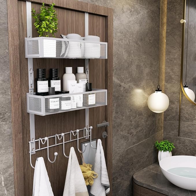 Consumest Over The Door Hooks Organizer - 3 Tier Door Hanger with 9 Coat Hooks & 2 Mesh Basket, Back Storage Organizer Hanging Towels for Bathroom, Bedroom, Silver - Image 7