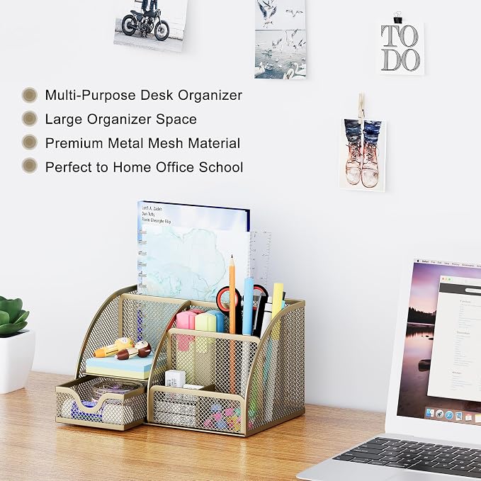 EasyPAG Mesh Desk Organizer with Drawer Multi-functional Pen Holder Stationery Organizer for Office School Supplies 6 Compartments Dorm Organizers and Storage for Desk, Gold - Image 2