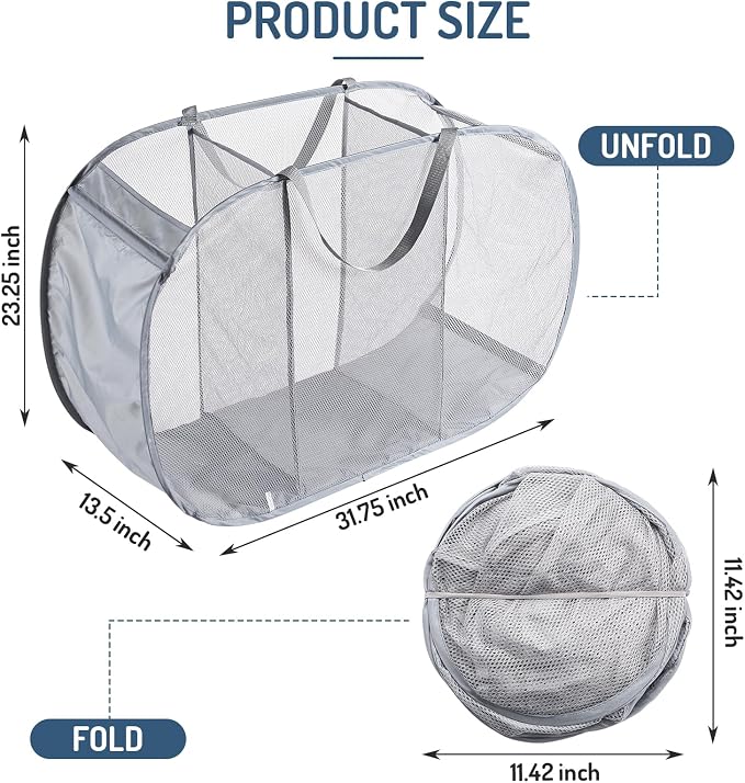 Seiritex Mesh Popup Laundry Hamper 3 Compartment Sortable Horizontal Collapsible Laundry Basket for Clothes Laundry Room Bedroom Toys Travel (Gray) - Image 4