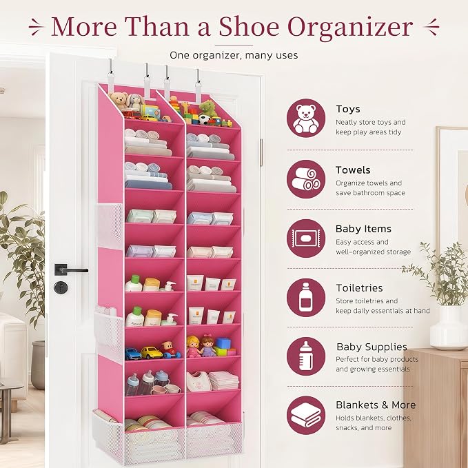 Criusia Over the Door Shoe Organizer, 20-30 Pairs Heavy-Duty Hanging Shoe Storage with Large Pockets, 10-Tier Door Shoe Rack with 4 Hooks for Sneakers Sandals Heels Boots (Pink) - Image 7