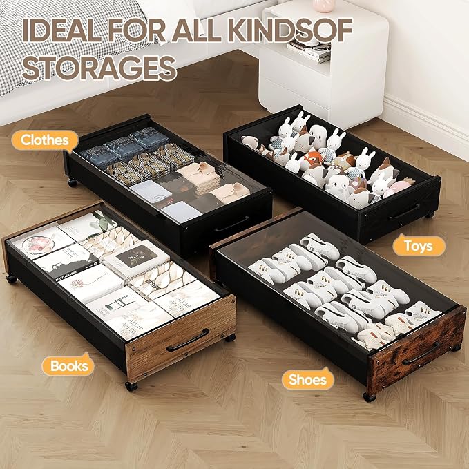 Under Bed Storage with Wheels, 2 Packs Wooden Storage Containers Extra Large Underbed Shoes Organizer, Rolling Under Bed Storage Drawers with Clear Lid, Heavy Duty for Clothes Toys 36"L (Black) - Image 8