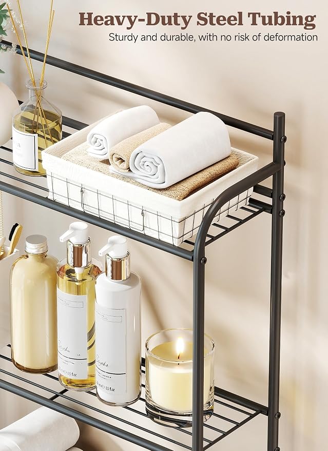 3-Tier Over The Toilet Storage, Bathroom Organizer, Space-Saving, Above Toilet Storage Rack with 4 Hooks and Paper Holder, Metal Shelf, Black - Image 5