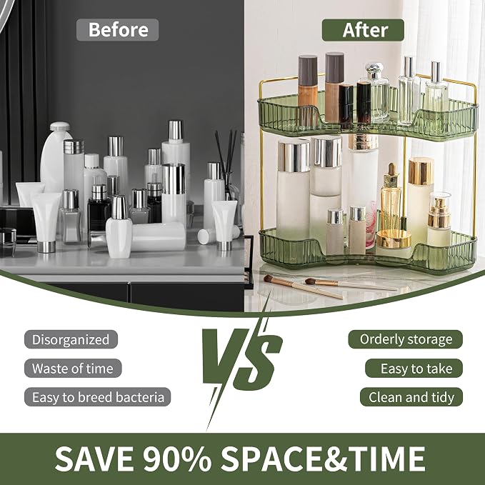 YCIA&DONE Corner Bathroom Counter Organizer, Makeup Organizer for Vanity, Skincare Cosmetic Perfume Tray, Corner Countertop Shelf Rack Storage for Bathroom Kitchen 3 Tiers (Vintage Green) - Image 2