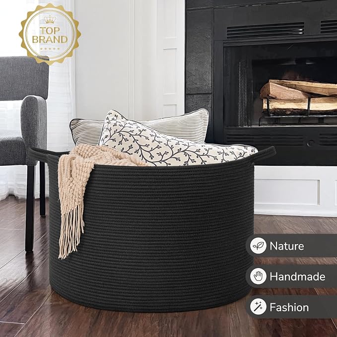 INDRESSME 115L Extra Large Woven Rope Blanket Basket Living Room, Black - Image 7