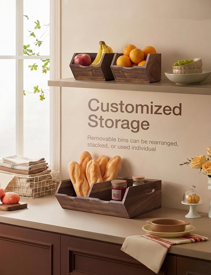 Tidita Acacia Wood Potato & Onion Storage Bin, Stackable (Patent Pending) - Image 6