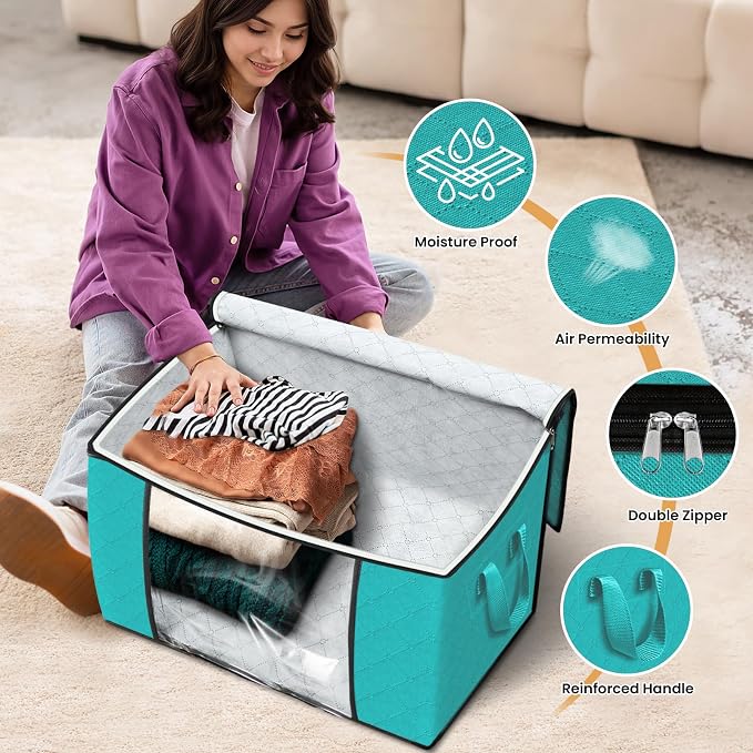 Fab totes 90L Clothes Storage, Foldable Thick Fabric Blanket Storage Bags | Foldable Containers with Zippers,Window and Handles for Organizing Bedroom, Closet, Comforter, Bedding,Dorm essentials - Image 4