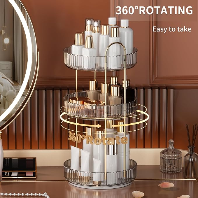YCIA&DONE 360 Rotating Makeup Organizer and Storage for Vanity Countertop 3 Tiers, High Capacity Cosmetic Skincare Perfume Organizers for Dresser Bathroom Lazy Susan (Clear White) - Image 2