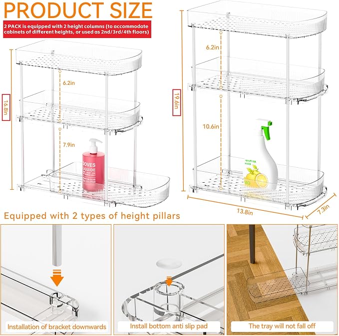Yieach 2 Pack 13.8″ Deep 3 Tier Under Sink Storage Organizer,Large Pull Out Bathroom Organizers and Storage,Slide Out Acrylic Undersink Storage Shelf,Kitchen Under Sink Organizer for Cleaning Products - Image 3