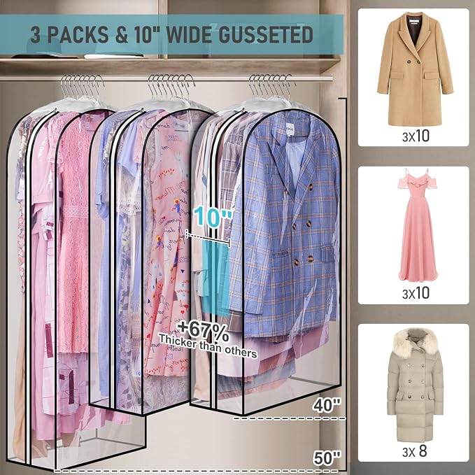 MISSLO 10" Gusseted All Clear Garment Bags for Hanging Clothes 40"+50" Suit Bags for Closet Storage Dresses Protectors for Shirts, Coats, Gowns, 3 Packs - Image 2
