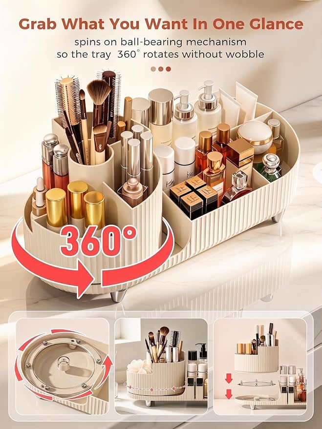 Booklov Rotating Makeup Organizer for Vanity Countertop, Cream - Image 6