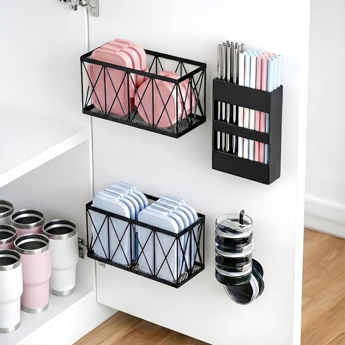 4 Pack No Drill Cabinet Door Lid Organizer for Plastic & Tumbler Lids, Inside Cabinet Wall Mounted Storage, Compatible with Tupperware & Yeti, with Magnetic Straw Holder by MIXISAV