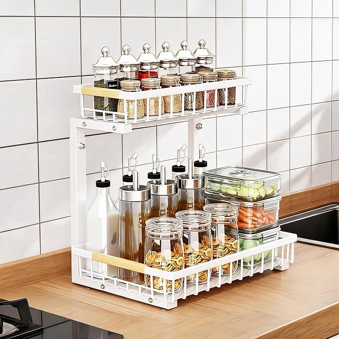 GarveeLife Under Sink Organizer - L-Shape Pull-Out 2-Tier Carbon Steel Storage Organizer with Suction Cups - Space-Saving Cabinet Rack for Kitchen & Bathroom - Easy Access Sliding Design - White - Image 3