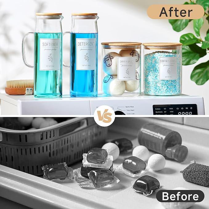 Glass Laundry Detergent Dispenser Set - 2x50oz & 2x70oz Borosilicate Containers with Bamboo Lids, Handle& Labels, Stores Powder,laundry pods,Fabric Softener, for Laundry Room organization and Decor - Image 6