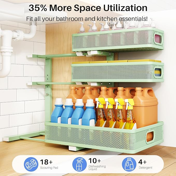 Under Sink Organizer, 3-Tier Thickened Metal Pull out Cabinet Organizer Shelf, Height Adjustable Slide out Storage Drawer Rack for Kitchen Bathroom Pantry Laundry Home Organization, 2-Pack, Green - Image 4