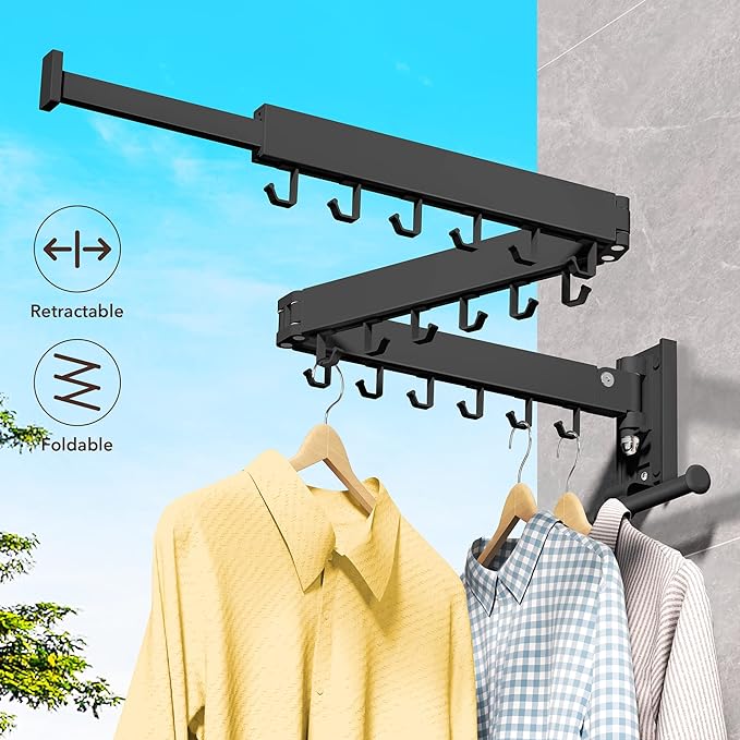 ZdwCyl Wall Mounted Clothes Hanger,Clothes Drying Rack,Laundry Drying Rack,Drying Rack Clothing,Laundry Hanger Rack,Retractable Dryer Racks,Collapsible, Aluminum,can be Fold Upward & Left & Right - Image 3