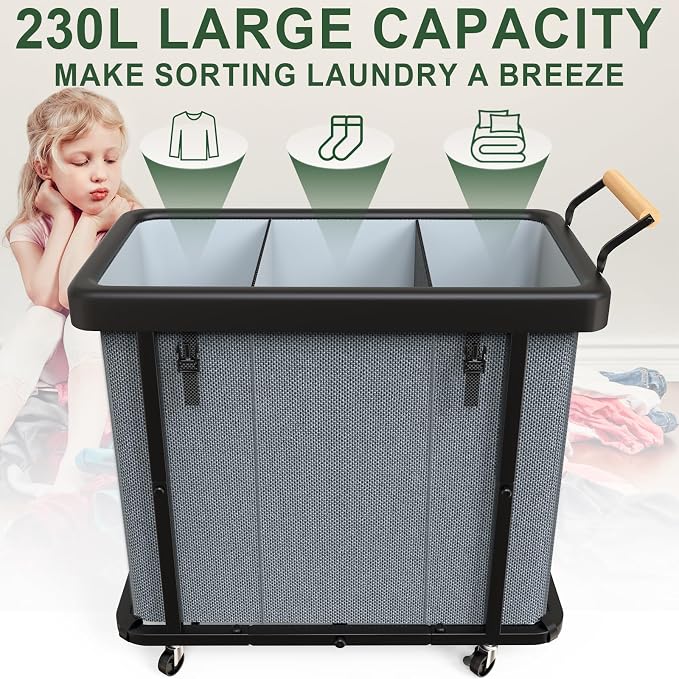 Laundry Hamper 3 Section with Lid,230L Rolling Dirty Clothes Hamper Grey - Image 2