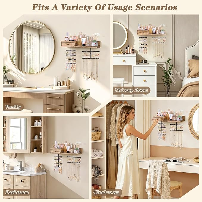 VINAEMO Jewelry Organizer Hanging Wall Mounted Jewelry Holder with Rustic Wood Drawer & Large Capacity Storage Shelf Rack Display for Earrings Rings Necklaces Bracelet - Image 8