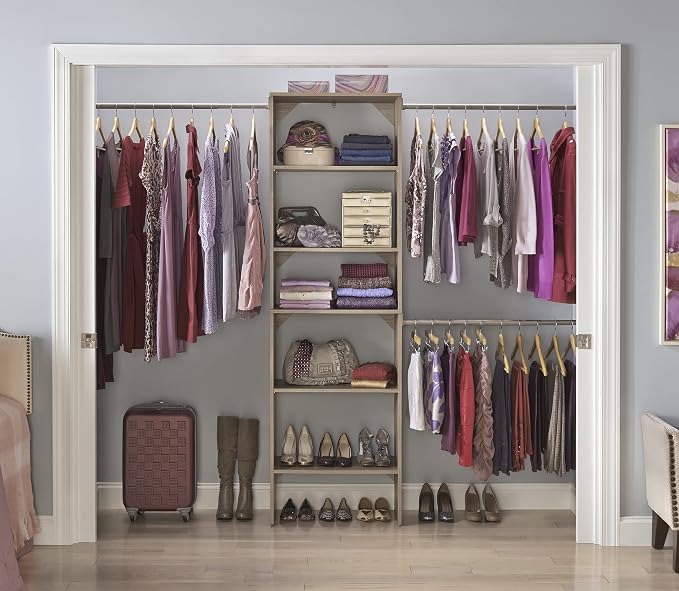 ClosetMaid SuiteSymphony Wood Closet Organizer Starter Kit with Tower and 3 Hang Rods, Shelves, Adjustable, Fits Spaces 5 – 10 ft. Wide, Natural Gray - Image 10